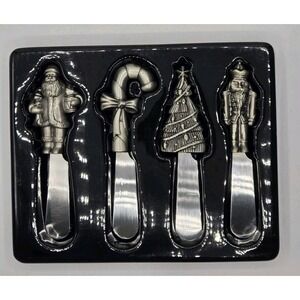 NEW Christmas-Themed Set of 4 Silver Butter Cheese Spreaders Knives 5 in